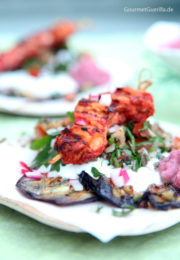 Grilled aubergines with yoghurt, taboule and tandori skewers #recipe #gourmetguerilla