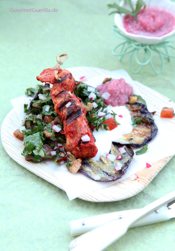 Grilled aubergines with yoghurt, taboule and tandori skewers #recipe #gourmetguerilla