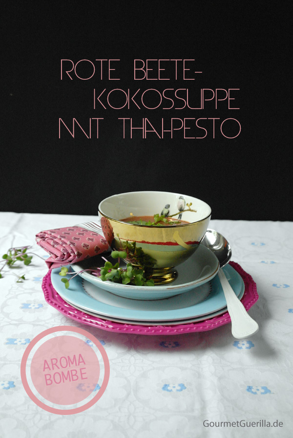 Beetroot coconut soup with Thai pesto