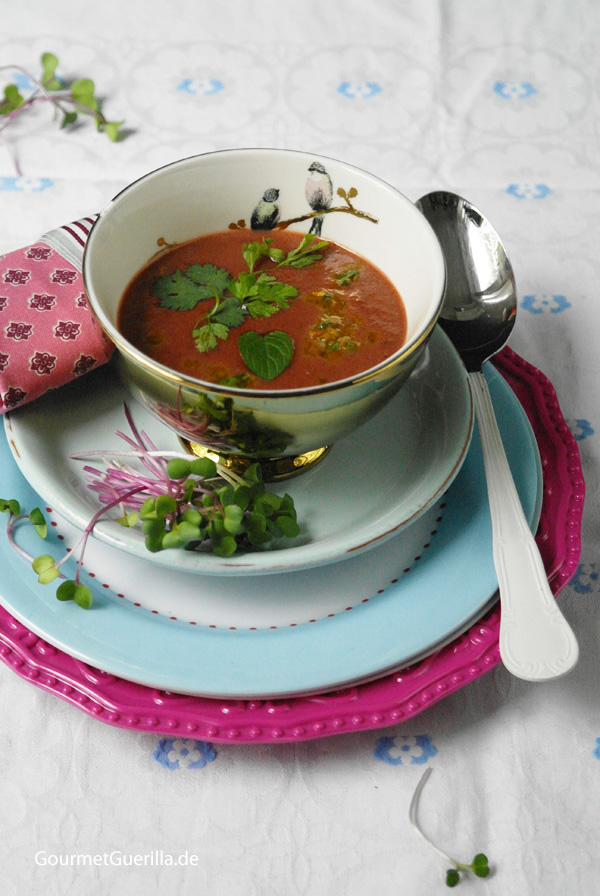 Beetroot coconut soup with Thai pesto
