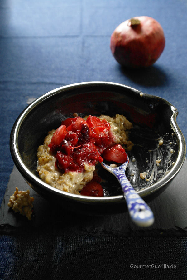 A cozy winter breakfast: hazelnut porridge with apple and cranberry compote