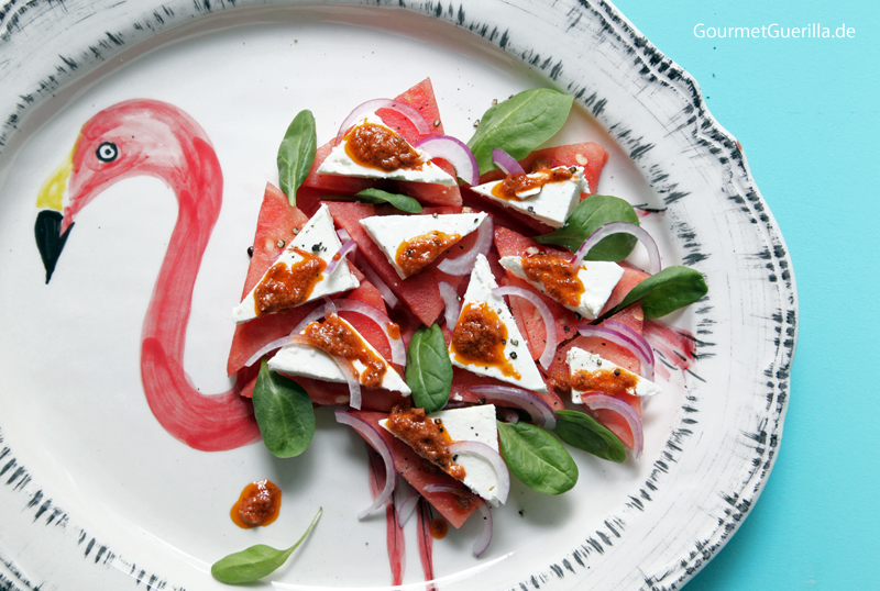 Flamingo Caprese #recipe #gourmet guerrilla #vegetarian #summer salad